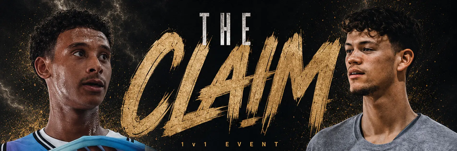 Liam and Mahir face each other in a promotional graphic for The Claim 1v1 basketball matchup on July 25.